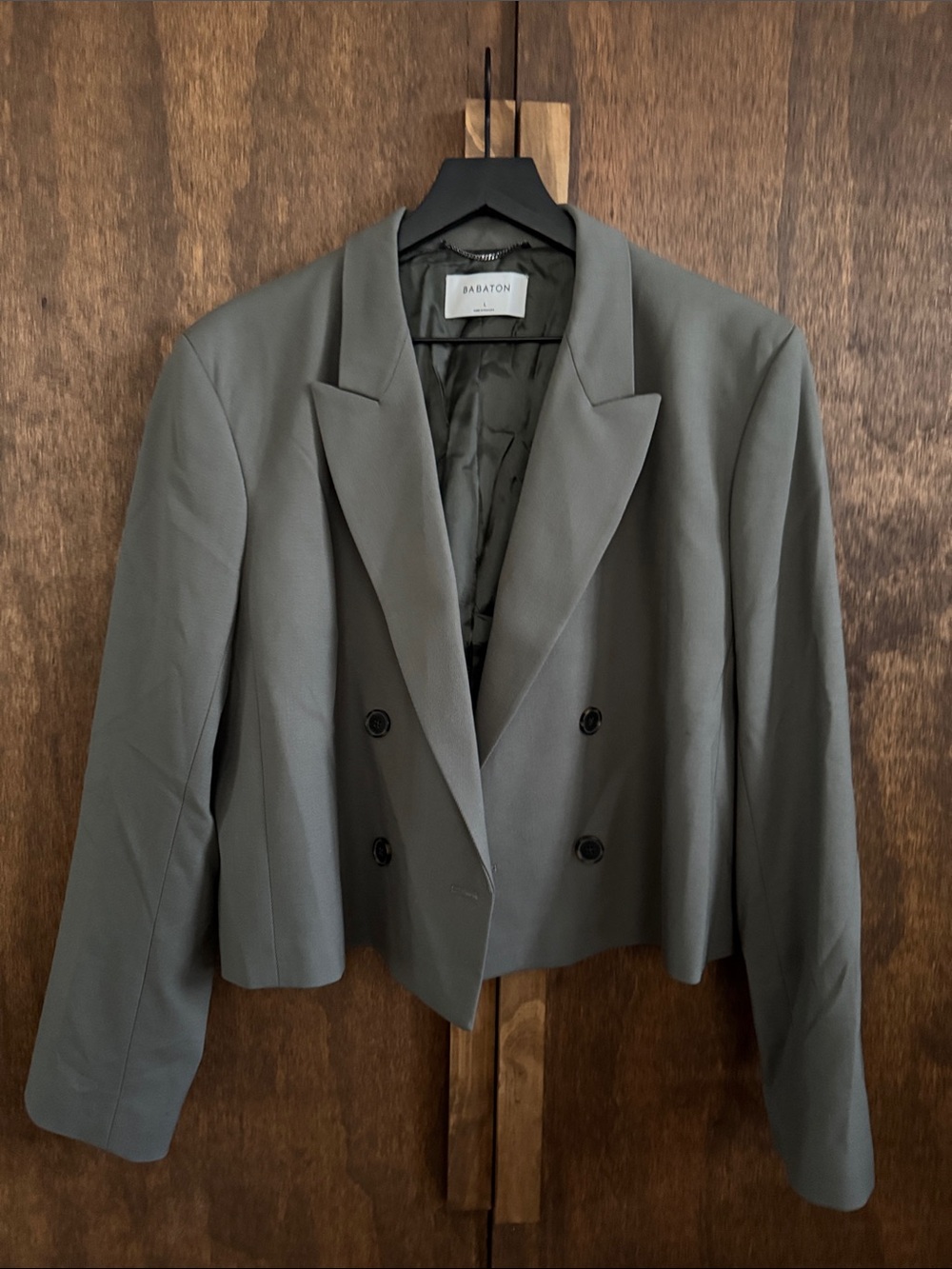 Aritzia Babaton Cropped Double-Breasted Blazer in Gray-Green